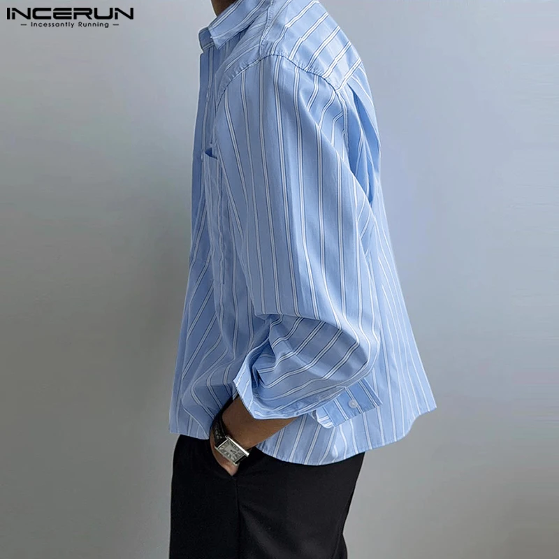 

INCERUN Мужская полосатая рубашка с лацканами и длинными рукавами на пуговицах, осенняя повседневная мужская одежда, свободная уличная одежда 2025 года, модные рубашки в корейском стиле