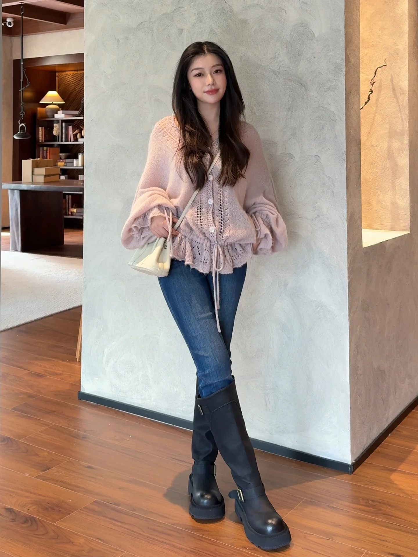 

Yang's Personal Cloud Ballet Mixed Wool Knitted Cardigan Casual Dstring Sweater Versatile Comfortable Mid-Length Sve