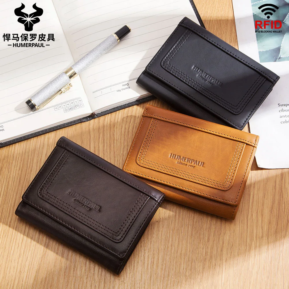 

Мужской кошелек для монет RFID с несколькими слотами, тонкая и легкая пряжка из натуральной кожи, тройной деловой молодежный кошелек с несколькими слотами