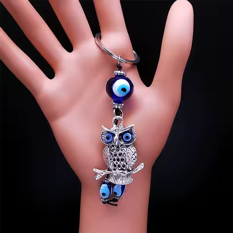 Owl Turkish Blue Eye Keychain for Woman/Men Silver Color Alloy Lucky Protection Key Ring Jewelry porte cl&eacute; pour femme KXH524S01