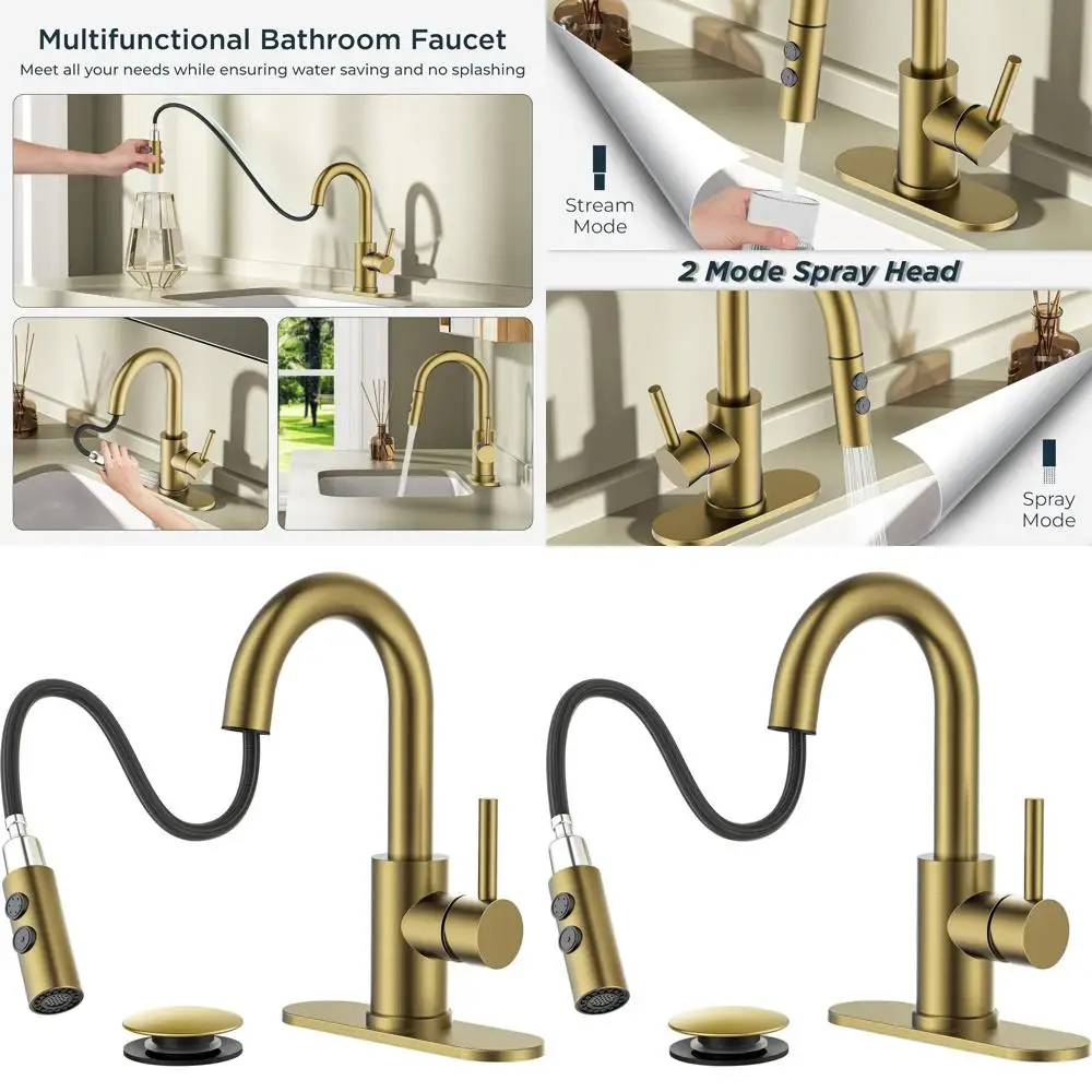

Single Handle Brushed Gold Faucet with Pull-Down Spray for 3 or 1 Hole Sinks, Includes Pop-Up Drain, Ideal for Bathroom, RV, Lau