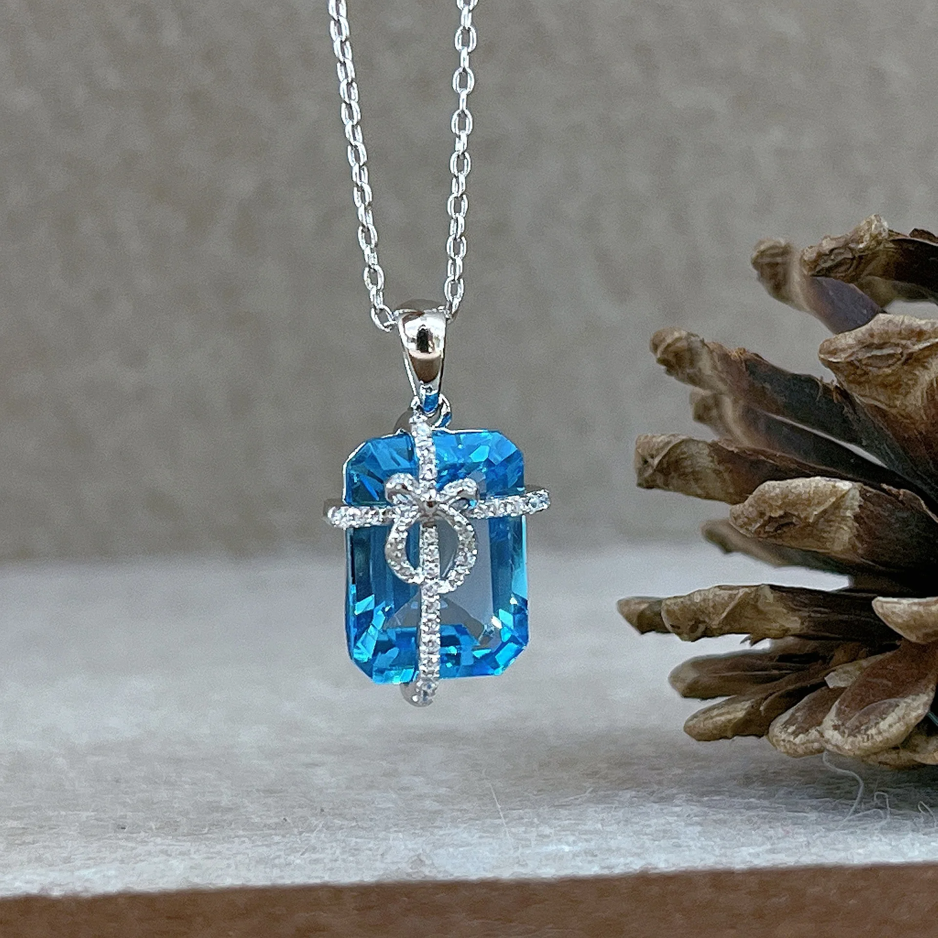 

S925 Silver Swiss Blue Topaz Pendant, Square Gift Box Design 10x14mm No Chain, Crystal Jewelry Gift for Women