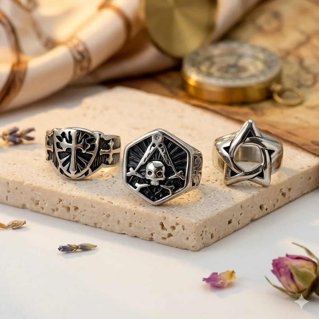 Vintage Mens Rings Stainless Steel Gothic Punk Knight Templar Shield Cross Skull Hexagonal Star Biker Retro Jewelry Gift New Coo
