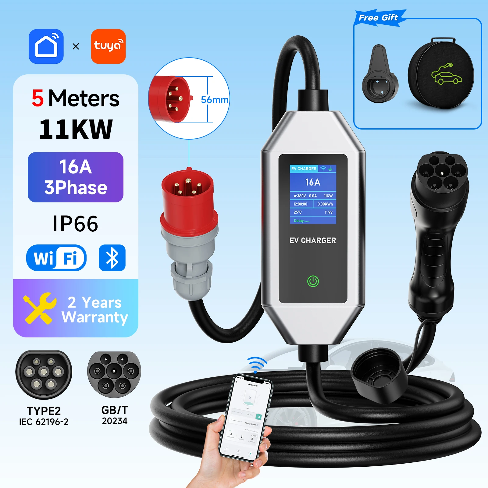 

11KW Portable EV Charger GBT/Type2 16A 3Phase EVSE Station with CEE Plug for Electric Vehicle Car Wifi App Control