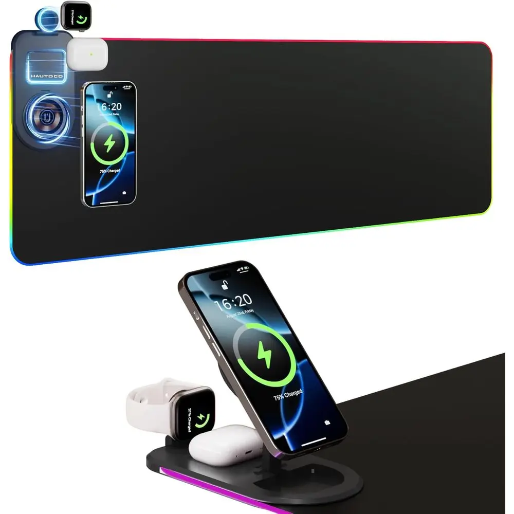 

15W Wireless Charging RGB Gaming Mousepad, Waterproof & Large 35.4x11.8 Desk Mat with Phone Holder for PC/Laptop, Black