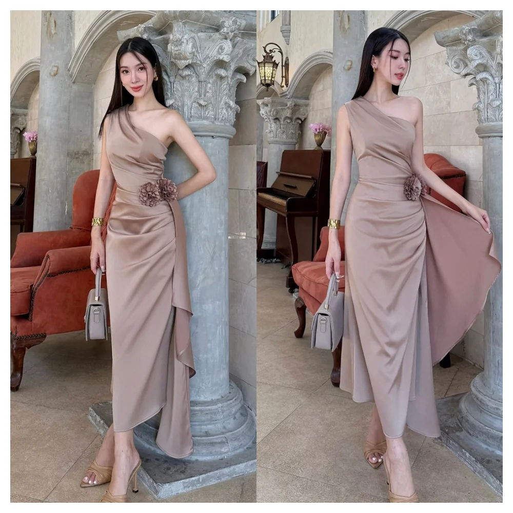 Personalizado sereia gracioso cetim vestido de noite temperamento um ombro sem mangas vestido de festa moda chá comprimento celebridade gow