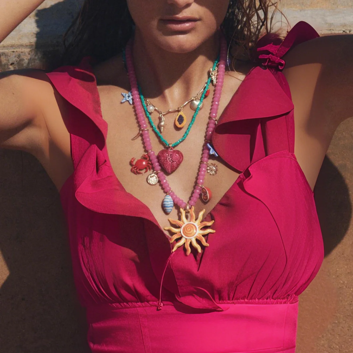 ZAA-Paquete de moda de collares con dijes y cuentas para mujer, vacaciones de verano, Color caramelo, cuentas de arroz, esmalte, sol, corazón, Peandant, regalo de joyería