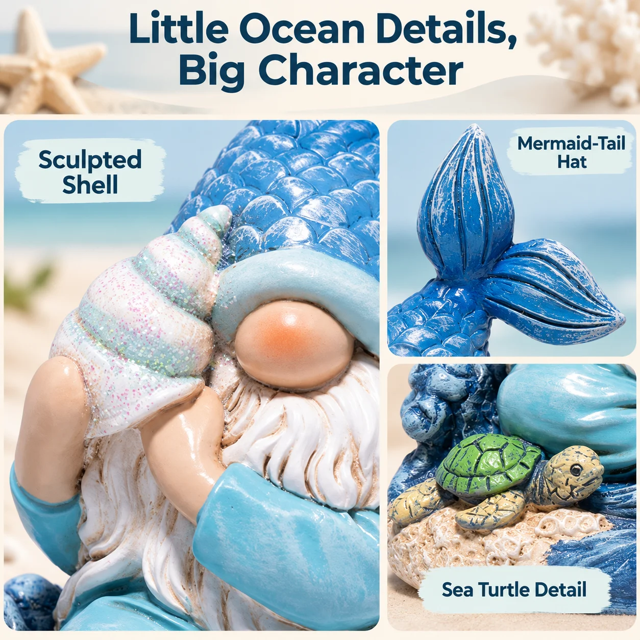 Hodao Mermaid Gnome Figurine, Resin Coastal Decor with Seashell, Sea Turtle, Ocean Waves, Listen Within, Beach House Statue Gift