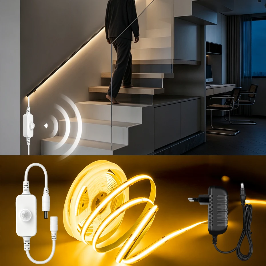 PIR Motion Sensor COB LED Strip Lights 24V DC Diode Tape Led Auto ON/OFF Stairs Wardrobe Closet Kitchen Light EU US AU UK Plug