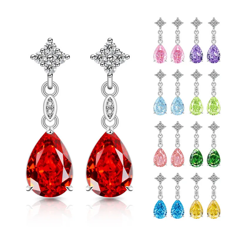 

925 Sterling Silver Earrings Multi-colored Drop Zircons Earrings Ladies Fashion Simple Birthday Wedding Anniversary Jewelry Gift
