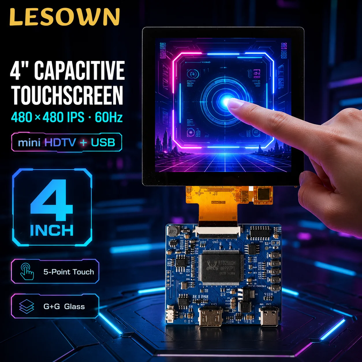 LESOWN 4in Square Display Kit 480*480 1:1 Ratio miniHDTV Board USB-C 5V Plug & Play for PC Case Sub Screen