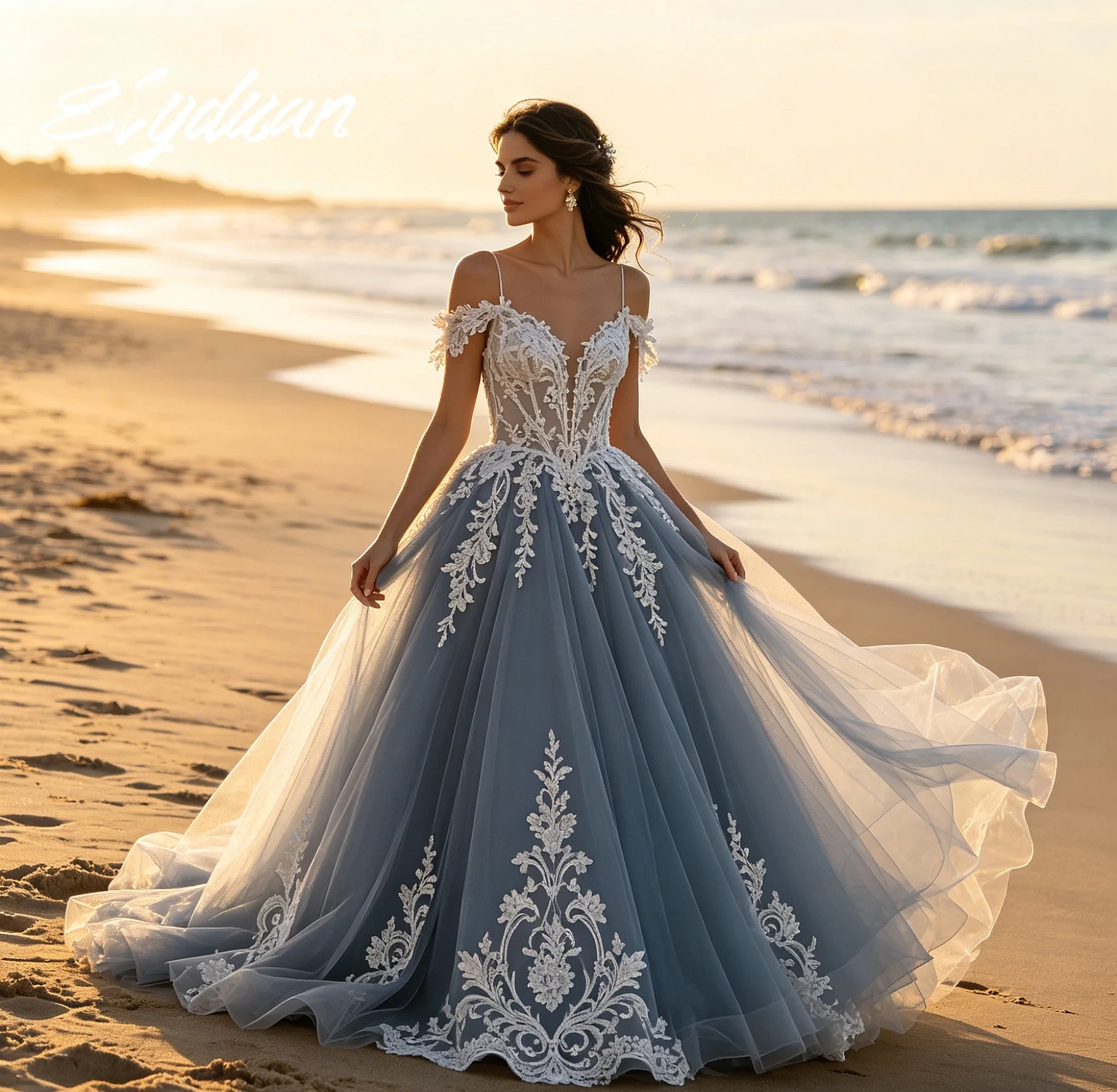 Boho Dusty Blue Wedding Dress Sexy Spaghetti Strap Off Shoulder Lace Tulle A Line Beach Bohemian Bridal Gown Customized