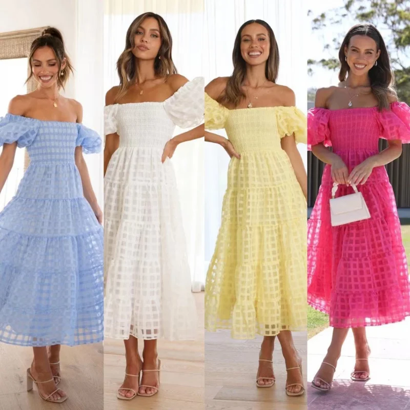 

2025 new chiffon off-shoulder puff sleeve casual fashion large swing WOMEN'S clothing dress C001