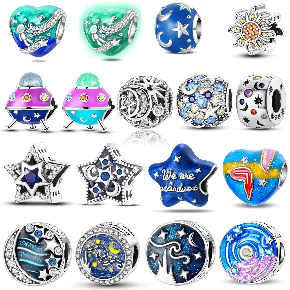 Space Astronaut UFO Moon Star Silver Plated Beads Original Charms Fit Bracelets Bag Keychain Charms DIY Women Gift Accessory