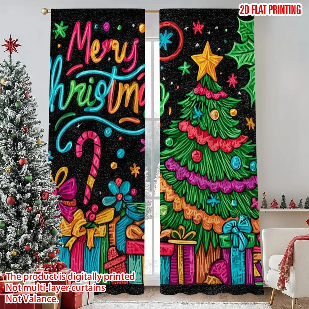 

2pcs 2D flat printing Merry Christmas Popular Window Drapes Christmas_ Polyester Without Electricity Festive Holiday Perfect for