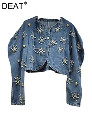 DEAT Women Denim Coat O-neck Puff Sleeve Embroidered Flares Flower Single Breasted Short Jackets 2024 Autumn New Fashion 29L3222