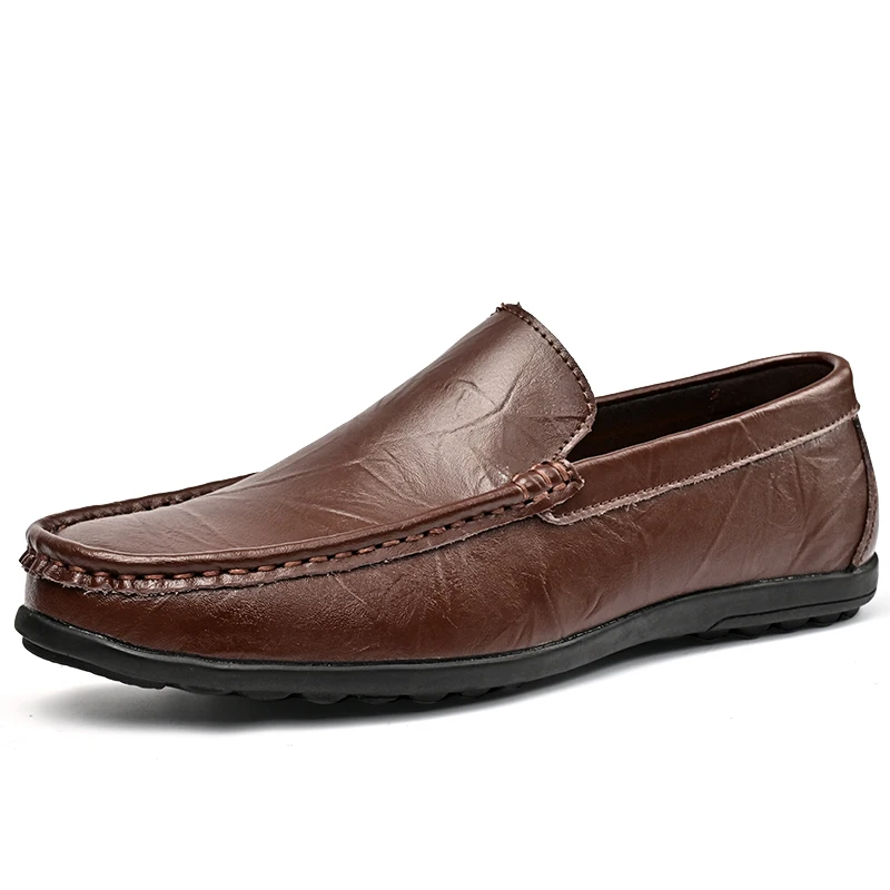 Sapatos de couro luxuosos casuais masculinos, mocassins formais, deslizamento respirável em sapatos masculinos de barco, moda, marca de luxo, tamanho grande 38-47