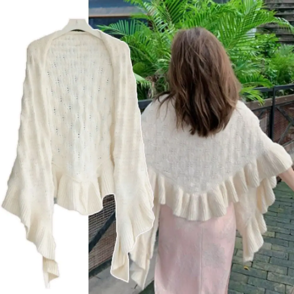 

Новая теплая шаль с оборками, нерегулярный повседневный топ на плечах, толстое вязаное толстое теплое пончо, осень-зима