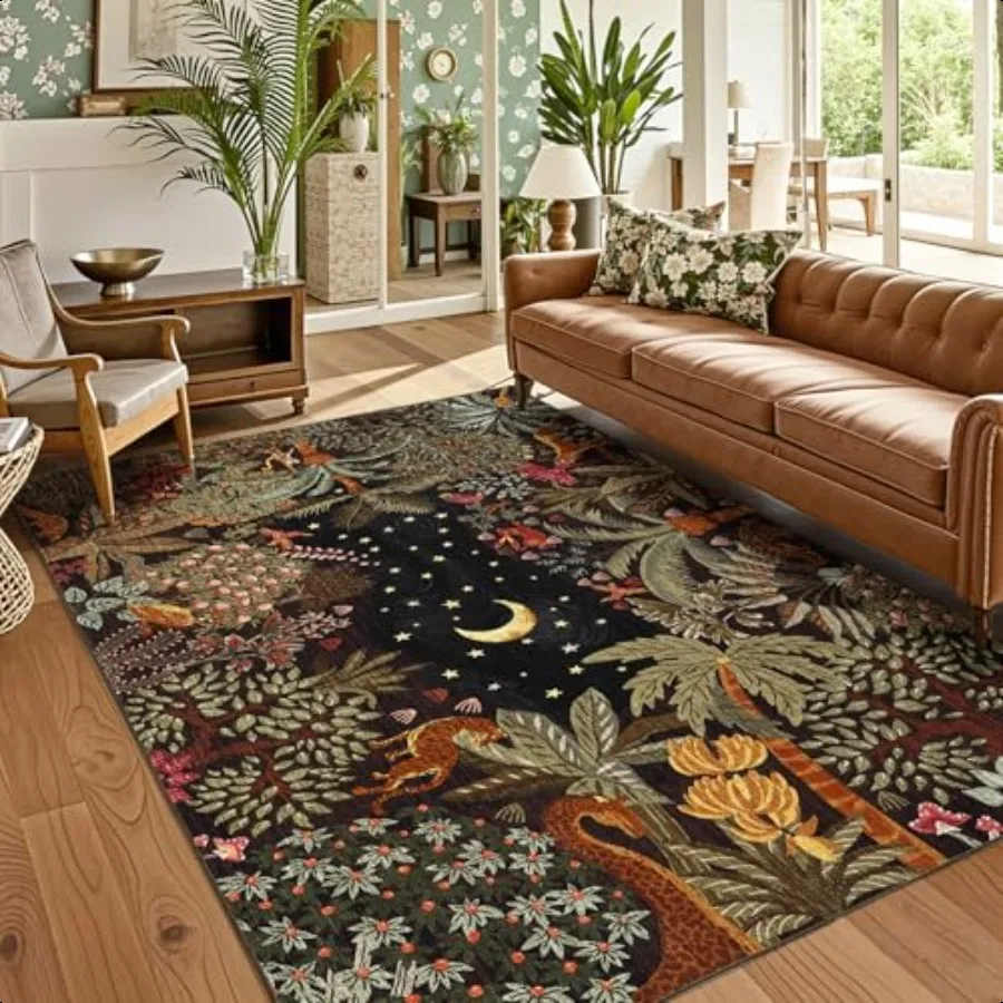 

5x7 Jungle Area Rug Washable Rugs for Living Room Bedroom Soft Low Pile Non Slip Accent Floor Mat Animal Print Throw Rug Indoor