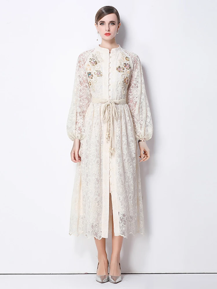 Abito francese in rete con paillettes con perline per unghie retrò per donna Primavera Autunno Elegante festa di compleanno Abito a maniche lunghe attillato in vita S255