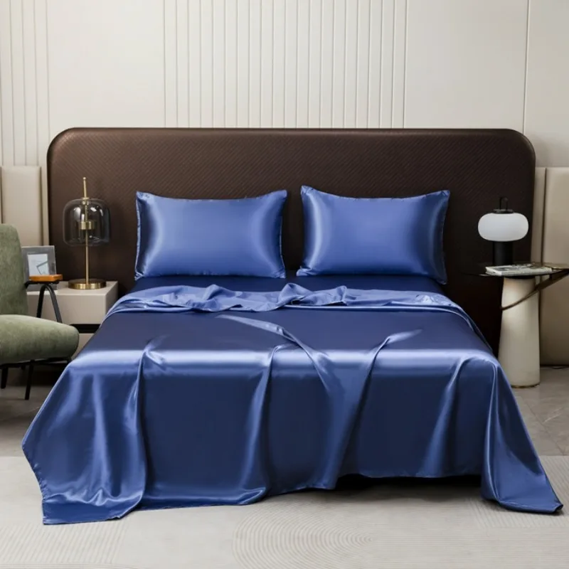 

2025 new solid color satin sheets simulated silk sheets pillowcases three-piece set washed sheets bedding