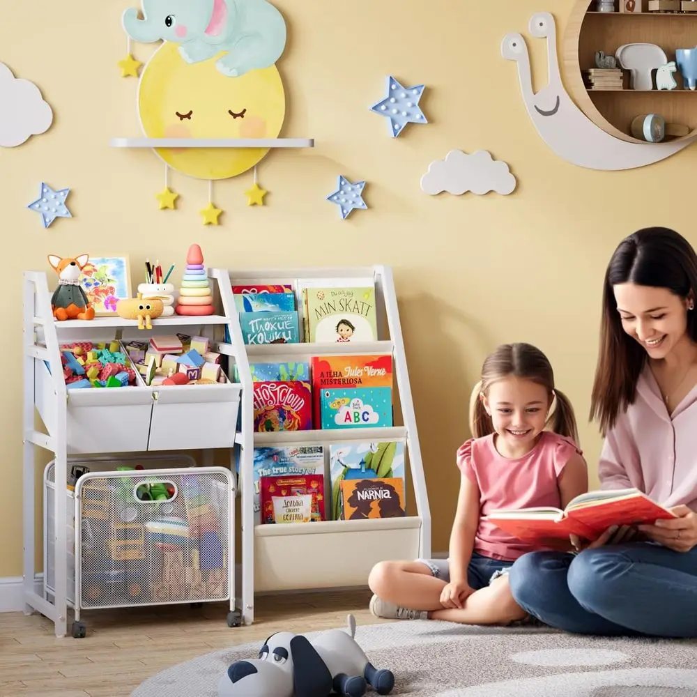 Estantería para niños y organizador de almacenamiento de juguetes, estantería para libros de 3 niveles para habitaciones de niños con cajón móvil, estantería para niños con 2 contenedores de juguetes, T