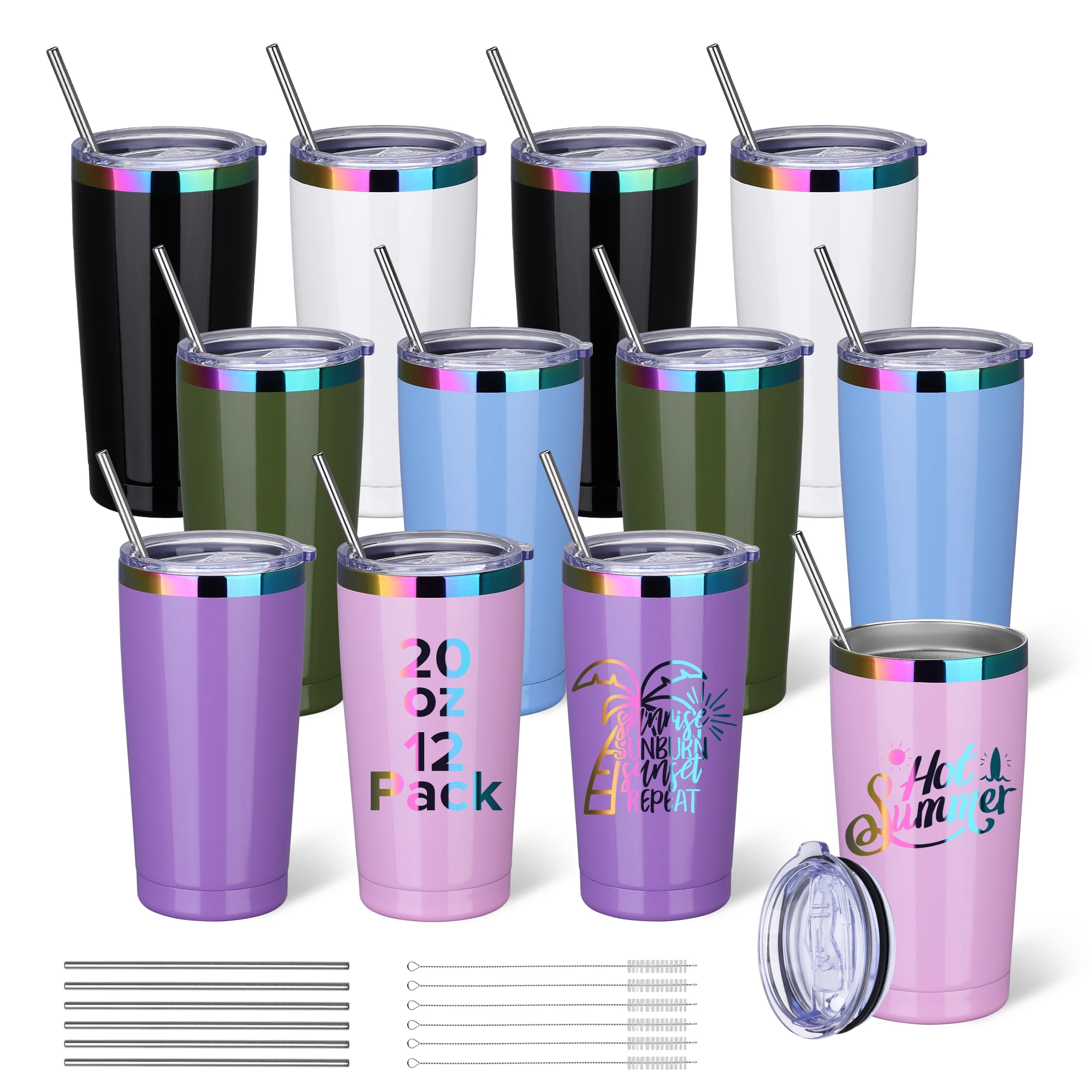 

12 Pack 20 oz Stainless Steel Tumblers Bulk, Insulated Travel Cup with Lid,fit laser engraving,Car Cupholder(Assorted Colors)