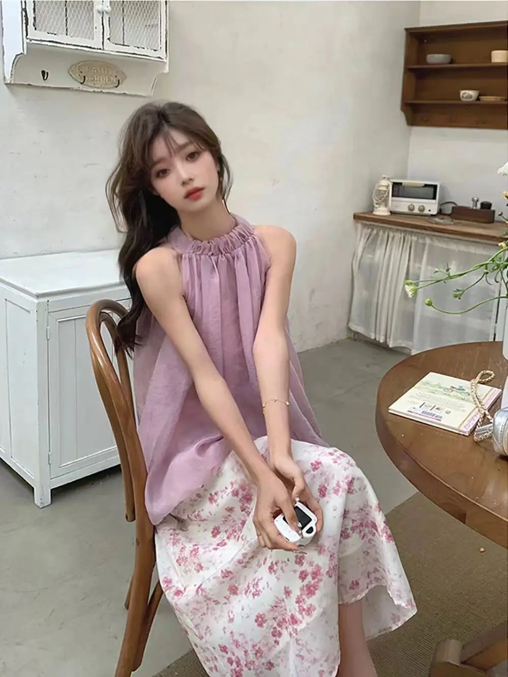 

Summer New Fashion Outfit Floral Halter Neck Sleeveless Skirt Two-Piece Set Travel Casual round Neck Dresses for Young Women