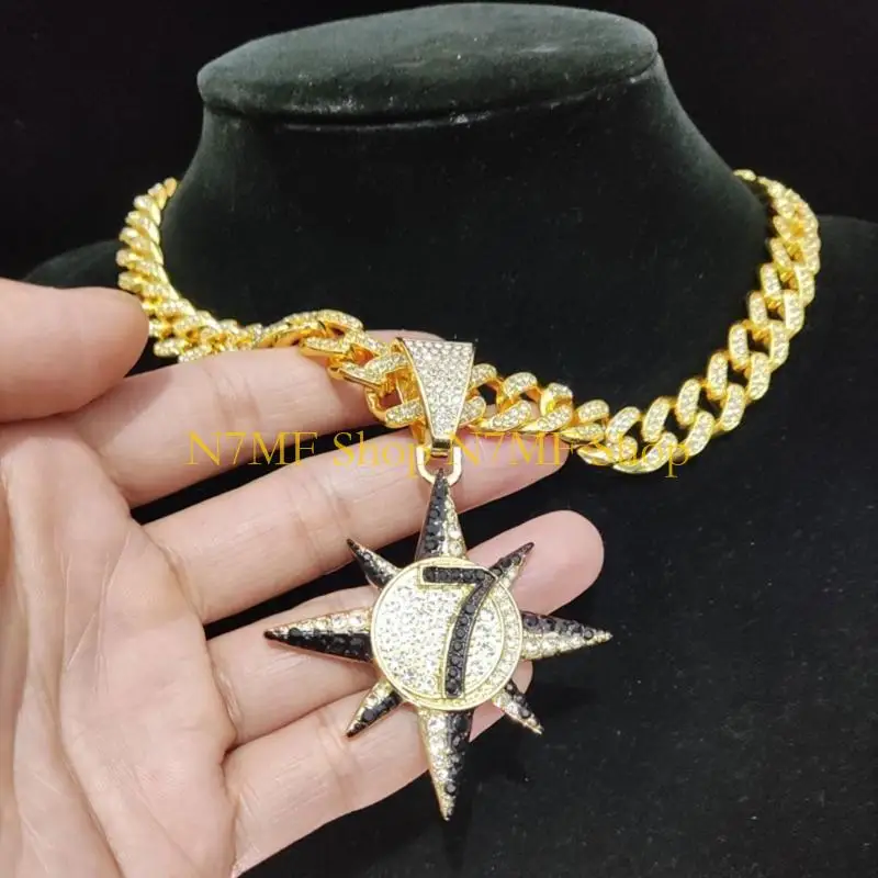 N7MF الهيب هوب قلادة قلادة عدد 7 الشمس سحر المختنق سلسلة الترقوة الشرير الصخرة الكوبية ربط سلسلة قلادة للرجال النساء