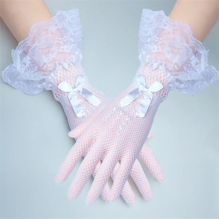 Guantes cortos negros elegantes para novias, accesorios de boda con borde de encaje para novia y dama de honor