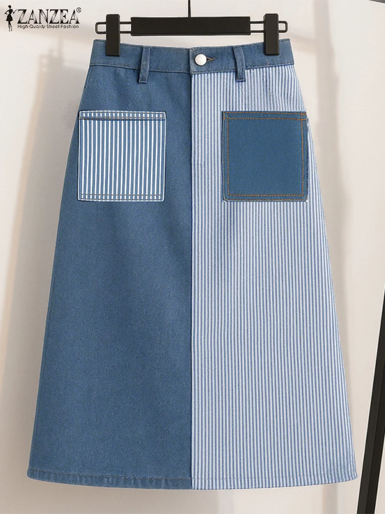 ZANZEA Faldas largas de moda para mujer, Jupes con cintura elástica, Maxi Faldas a rayas Saia 2025, pantalones de cintura alta para otoño, pantalones de trabajo informales