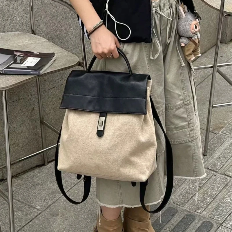 Large-capacity new cotton and linen backpack female contrasting color travel backpack commuter simple bag female