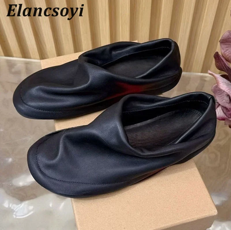 Flache Schuhe Frauen Echtes Leder Plissee Runde Kappe Faul Faulenzer Flacher Mund Einzelnen Schuhe Frühling Herbst Komfort Casual Schuhe