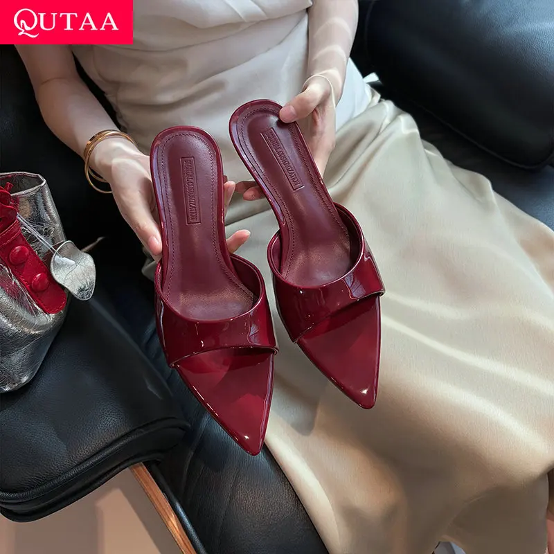 

ESVEVA Fashion Women Summer Sandals Pumps Shoes Mid Heels Patent leather Open Toe Pointed Toe Shoes Slippers Dress Party 34-40