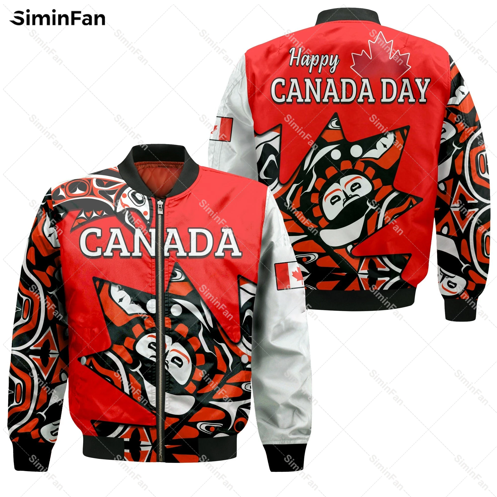 Canada Haida Wolf Maple Leaf 3D Full Printed Bomber Jacket Mens Winter Quilted Cotton Coat Unisex Windproof Outerwear Female Top