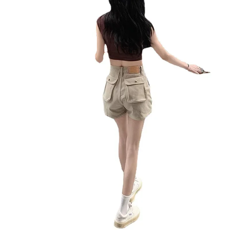 Khaki Shorts Cargo Summer Thin High Waist Big Pockets American Sweet Loose Sexy All-match Clothing Solid Daily Aesthetic Mujer