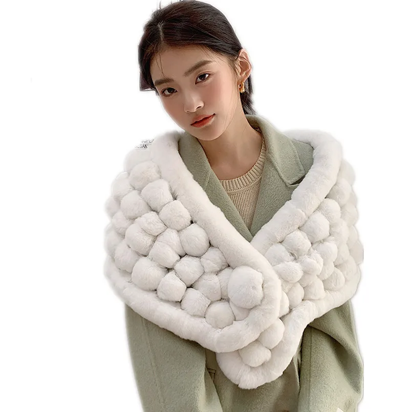 Classic Fashion Women Fur Shawls Real Rex Rabbit Fur Winter Fluffy Ball Pompom Pashmina Stoles Outdoor Female Fur Capes Ponchos