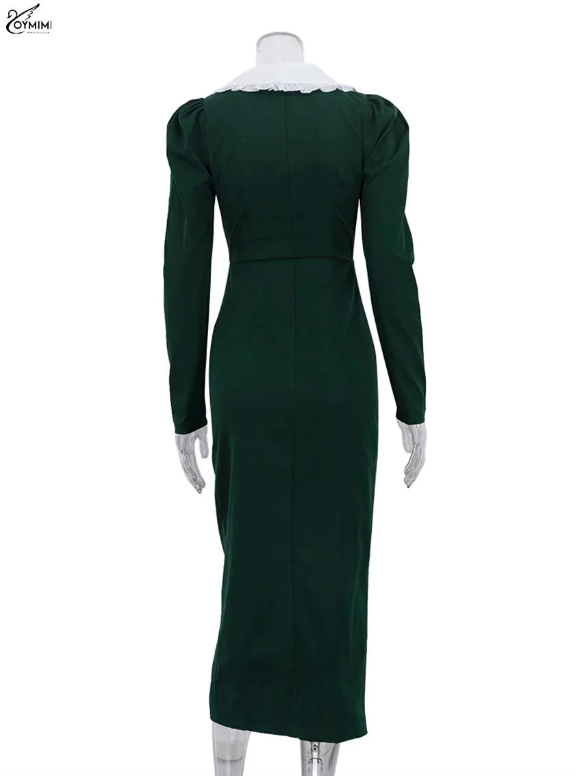 Oymimi Fashion Green Patchwork Womens Dresses Elegant Peter Pan Collar Long Sleeve Dresses Casual Slim Double Breasted Dress