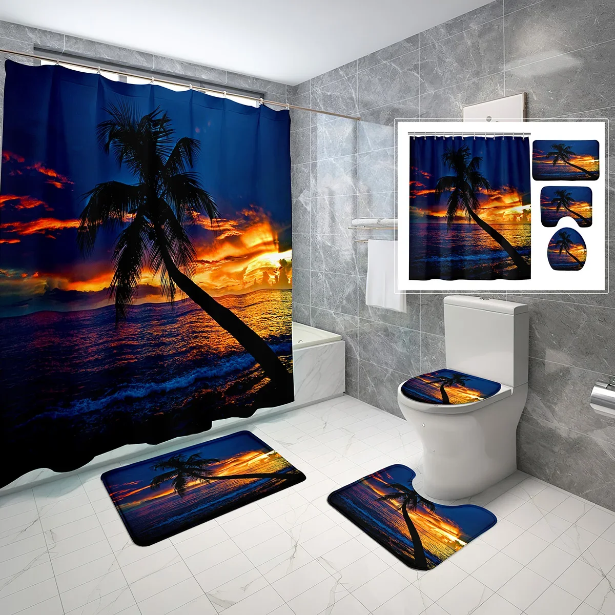 

4-Piece Set Coconut Tree Shower Curtain with Non-Slip Bath Mat,Toilet Lid Cover and Nature Sunset Beach Waves Shower Curtain Set