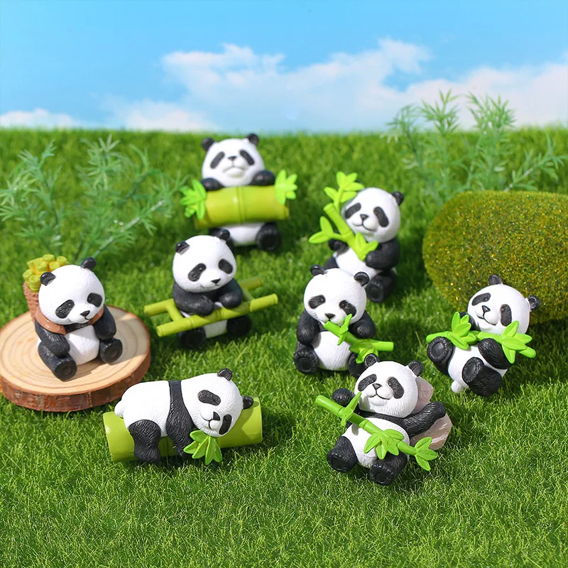 Mini Panda Figurines Resin Animal Ornaments Bamboo Panda Decor for Home Desk Garden Fairy Garden