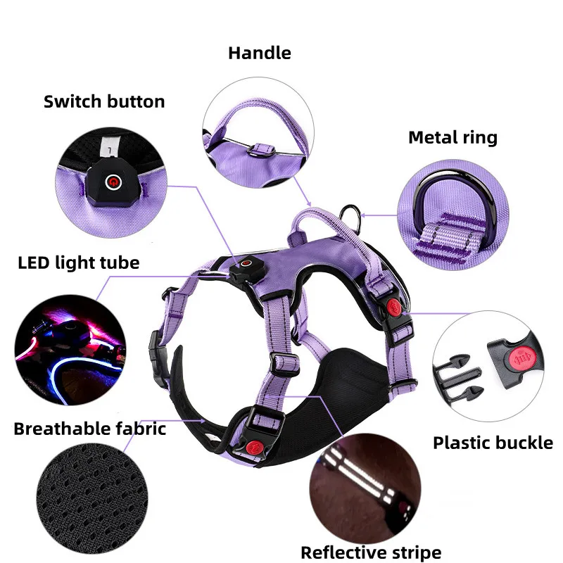 Luminous Dog Harness USB Rechargeable LED Light Night Safety Pet Dog Chest Strap Glowing Harness for Small Medium Large Dogs