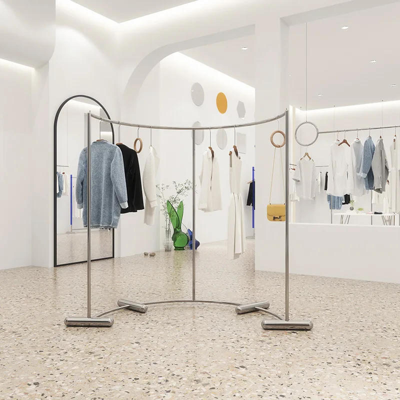 Display rack Curved floor-to-ceiling stainless steel men's and women's clothing store shelf display props Clothes hanging rod
