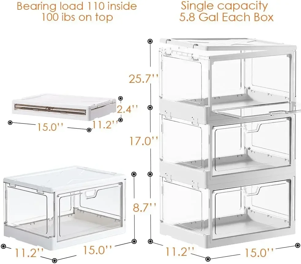 صناديق تخزين شفافة قابلة للتكديس مع أغطية ، منظم قابل للطي ، صناديق حاويات بأبواب ، بلاستيك 70 قيراط