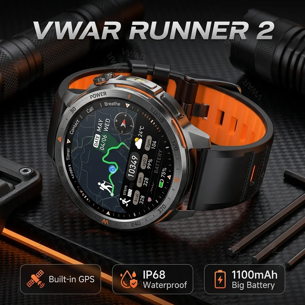 VWAR Runner 2 GPS Smart Watch 1100mAh Big Battery LED Flashlight Tactical Sport Smartwatch 1.7