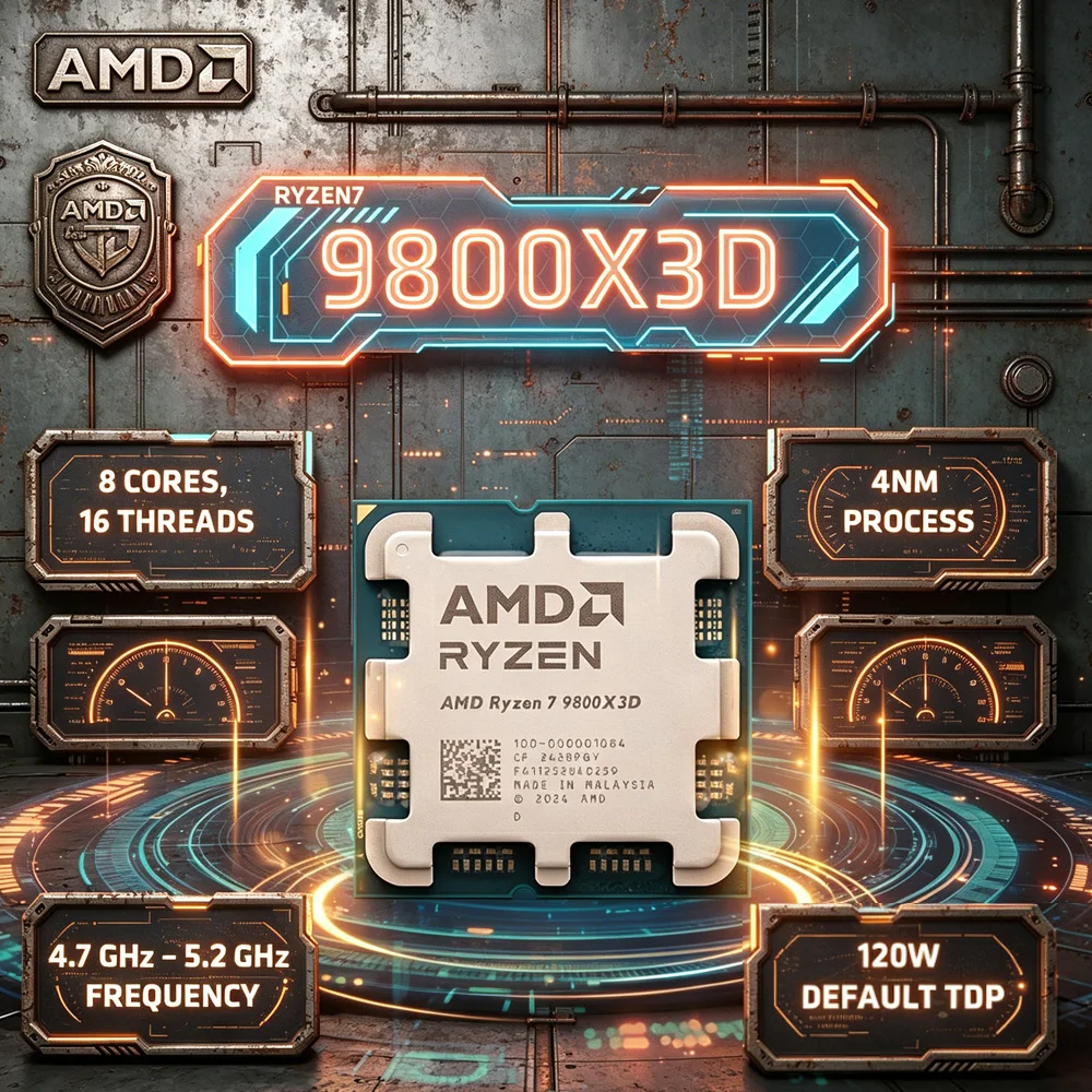 

AMD Ryzen 7 9800X3D Tray CPU 8-Core 16-Thread 4.7GHz Up to 5.2GHz Zen5 AM5 4NM 3D V-Cache Unlocked Gaming no fan