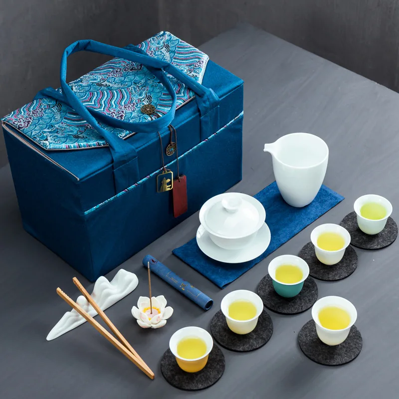 Suet اليشم الخزف الأبيض زن الكونغ فو طقم شاي حقيبة محمولة تخزين أداء الشاي السفر الإبداعية هدية فنجان الشاي #3