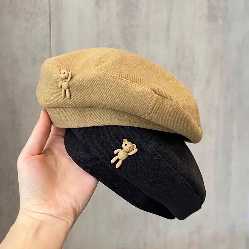 

Ins Bear Woolen Kids Beret Hats Fashion Retro Boy Girl Autumn Winter Warm Caps Beanies Korean Children Artist Painter Caps 4-10Y