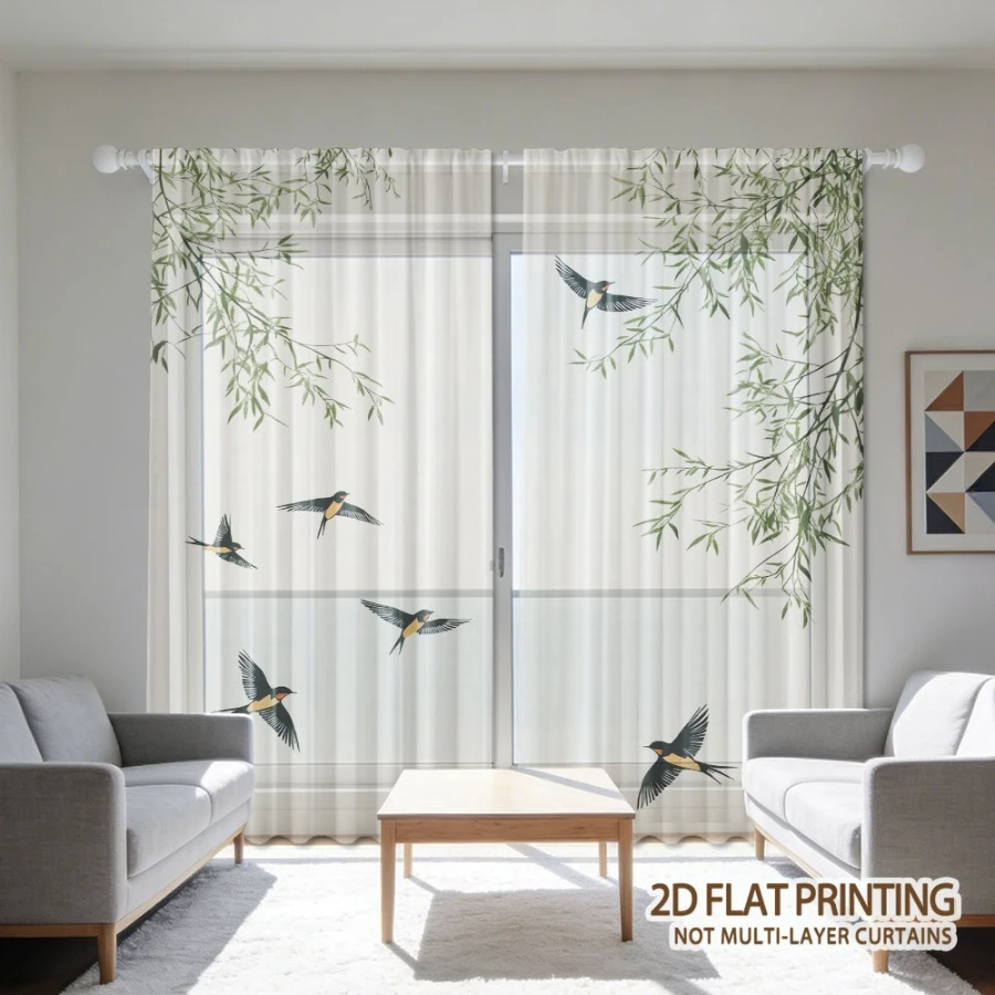 2PCS Digital Print Sheer Curtain, Swallows Singing Willow Breeze Pattern, Fresh Natural Pastoral Spring Home Style Decor