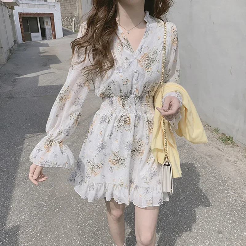 

French Style Vintage Long Sleeve Floral Print Chiffon Summer Dress for Women 2024 New V-neck Ruffles Casual Beach Vacation Dress