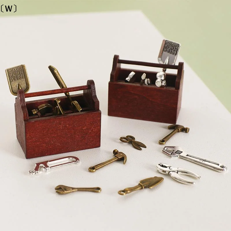 〔W〕Dollhouse Miniature Tool Set Metal Hammer Pliers Wrench Kit With Wooden Box For DIY Model Decor